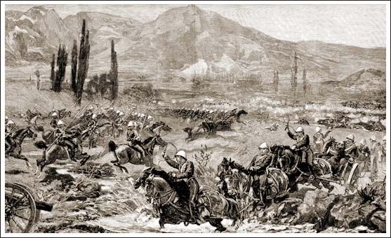 The guns retreat and the Lancers charge in the Chardeh Valley at Killa Kazi