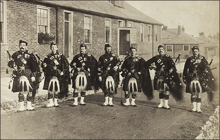 Pipers of the 1st Seaforth Highlanders, Parkhurst, early 1880s. Donald Cameron stands far left.