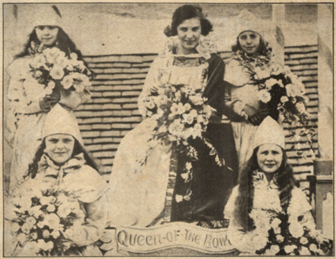 May Hodgkins, Lichfield Bower Queen 1934. Her attendants are Eveline Close, Ida Emery, Dorothy Barham, and Violet Deakin (order unknown)