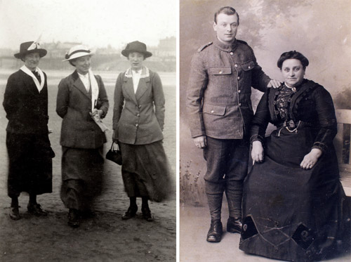 c.1914; left: Blackpool beach, Nellie (Helen Ada Wilson), Minnie (Minnie Alice Lees), and Millie (Alice Millicent Wilson); right: Charles Hodgkins and his mother, Charlotte Betts (née Sherriff) in Uttoxeter