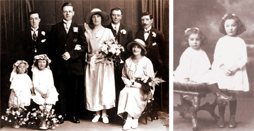 left: The marriage of Ted Hodgkins and Nancy Hollins, Uttoxeter, July 1924 Charles stands to the right of Nancy; right: Doris May and Millicent Alice Hodgkins, c.1922